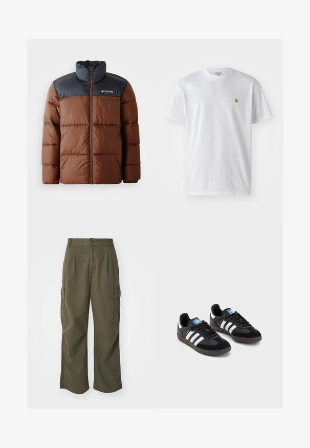 Giacca imbottita marrone e grigio scuro con collo alto, chiusura con zip e logo sul petto; presenta sezioni trapuntate per l'isolamento.; T-shirt bianco in cotone con maniche corte, con colletto girocollo, caratterizzato da un piccolo logo dorato sulla parte sinistra del petto. Tessuto morbido e vestibilità regolare.; Pantaloni cargo in verde oliva, realizzati in cotone, con un design a gamba larga, pieghe e tasche laterali per utilità.; Sneakers neri con tomaia in suede e materiale sintetico, caratterizzati da tre strisce bianche, suola in gomma testurizzata e etichetta blu sul linguetta.