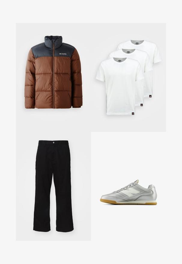 Braune und dunkelgraue gepolsterte Jacke mit hohem Kragen, Reißverschluss vorne und Logo auf der Brust; verfügt über gesteppten Einsätze zur Isolierung.; Drei schlichte weiße Baumwoll-T-Shirts mit kurzen Ärmeln. Jedes Shirt hat einen runden Ausschnitt und ein kleines schwarzes Logotipo auf der linken Seite.; Schwarze weit geschnittene Hosen aus Baumwollmischgewebe, mit einem Knopfverschluss und geradem Schnitt, der nur minimale sichtbare Nähte aufweist.; Silberner Sportschuh mit einer glatten, glänzenden Oberfläche, weißem Logo an der Seite, strukturierten grauen Schnürsenkeln und einer Sohle aus Gummi.