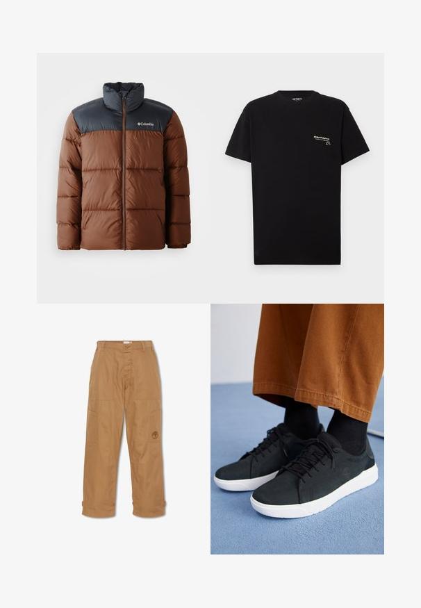 Veste rembourrée marron et gris foncé avec un col haut, fermeture éclair à l'avant et logo sur la poitrine ; présente des sections matelassées pour l'isolation.; T-shirt en coton noir à manches courtes, col rond, avec un petit logo blanc imprimé sur la zone de la poitrine gauche.; Pantalons de travail khaki, fabriqués en tissu durable, dotés de plusieurs poches, d'une fermeture à bouton et d'un logo brodé sur la cuisse.; Baskets en suede noir avec semelles en caoutchouc blanc, présentant un design à lacets, des accents texturés et une branding discrète, associées à un pantalon marron.