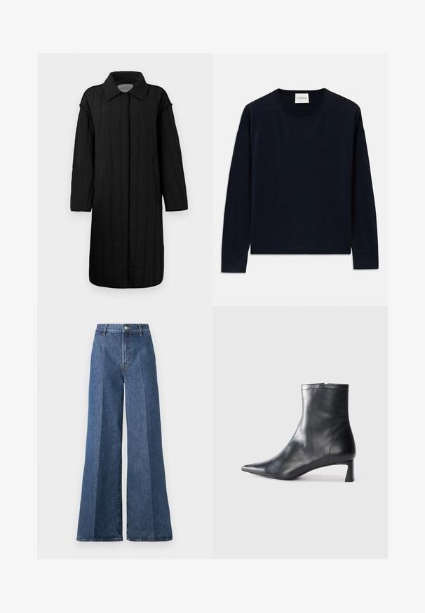 CLOSED QUILTED COAT - Geacă - black; Top navy cu mânecă lungă, cu decolteu rotund, confecționat dintr-un material moale și neted, cu o croială lejeră. Se remarcă prin manșete și tiv din tricot, etichetă la gât.; Blugi din denim albastru, cu talie înaltă, cu picioare largi, având un stil clasic cu cinci buzunare și închidere cu buton, fabricați dintr-un material de bumbac texturat.; Cizmă de gleznă din piele neagră cu vârf ascuțit și un design elegant. Dispune de un toc mic și de o închidere cu fermoar la spate. Textură netedă.