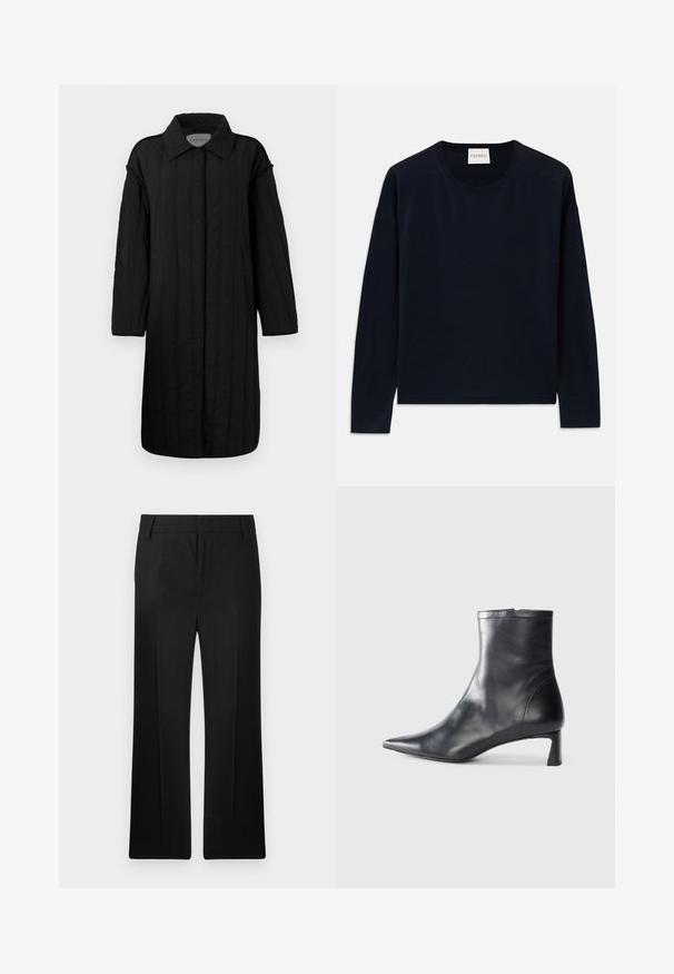 CLOSED QUILTED COAT - Vinterkappa /-rock - black; Marinblå långärmad crewneck-tröja i mjukt, slätt tyg med avslappnad passform. Har ribbade mudd och nederkant, etikett vid nacken.; Svarta byxor, raka ben, tillverkade av slät tyg. Har diskreta framvikningar och en platt midja med bälteshällor.; Svart läder ankelboot med spetsig tå och en smidig design. Har en låg klack och en dragkedjestängning bak. Slät textur.