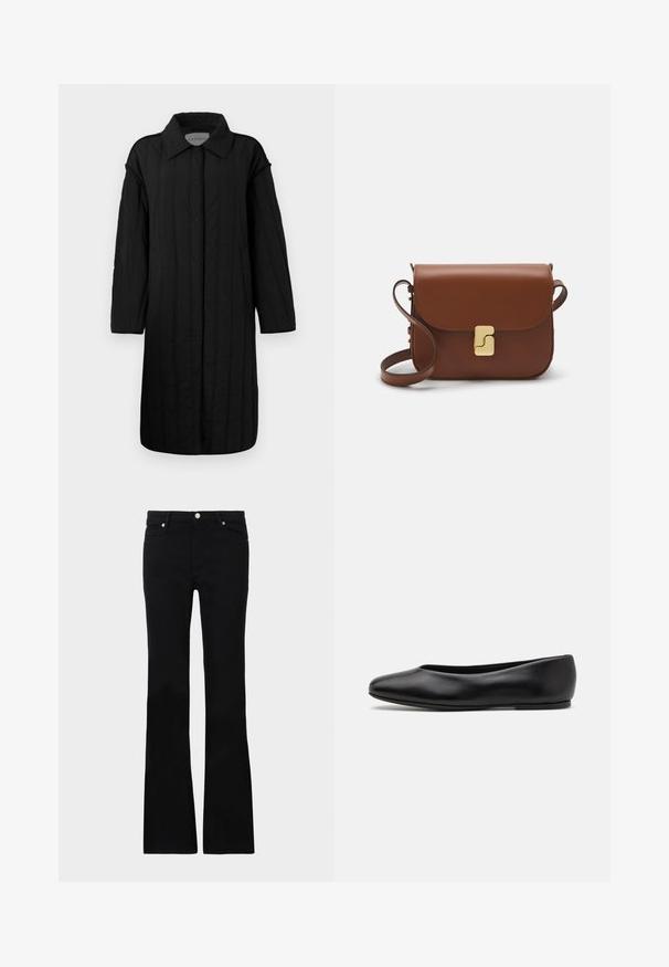 CLOSED QUILTED COAT - Casaco de inverno - black; Sweater cropped de cor bege claro com gola alta com fecho, apresentando um padrão texturizado e mangas e bainha caneladas. Combina materiais tricotados e tecidos.; Calças pretas de ganga em corte flare, com dois bolsos frontais, fecho com botão e uma textura suave. Costura característica visível nas costuras.; Paul Smith TOPANGA - Sabrinas - black; Bolsa de couro castanho com fecho de aba, decoração em tom dourado, alça de ombro e textura suave. Formato retangular compacto.