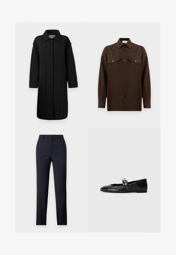 CLOSED QUILTED COAT - Žieminis paltas - black; Tamsiai rudas ilgarankovis mygtukų marškiniai su dviem kišenėmis ant krūtinės ir klasikiniais apykakle, pristatomas prieš paprastą baltą foną.; Jūriniai pritaikyti kelnes su tiesiu kirpimu, turinčios lygų paviršių, dvi priekinės kišenės ir švarus liemuo.; Juodų odinių baletinių batelių su smailiu nosiu, su užrišamu dirželiu su apvalia metaline sagtimi ir plokščiu padu.
