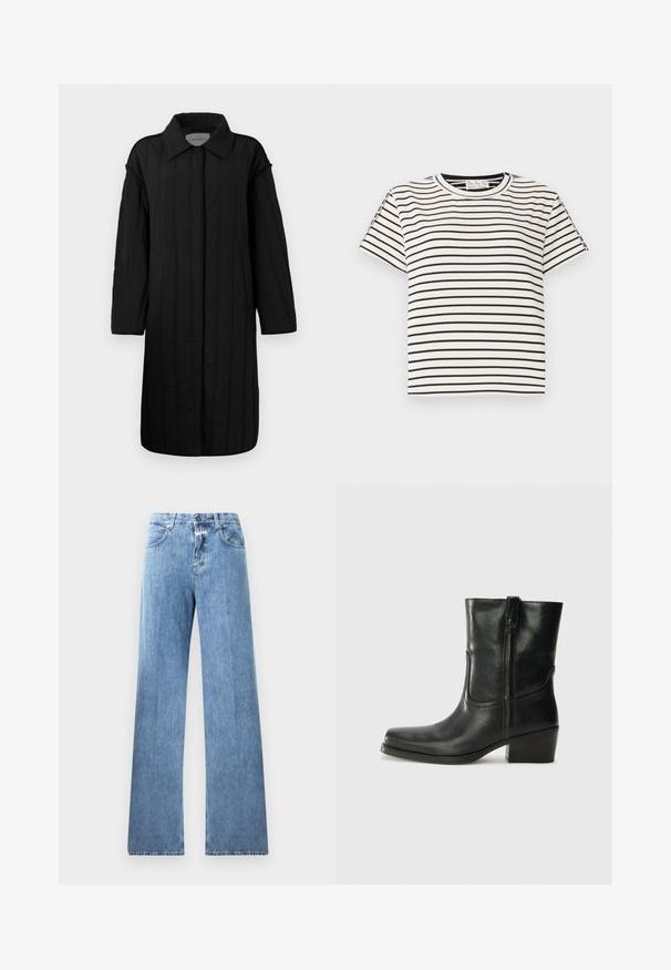 CLOSED QUILTED COAT - Vinterkappa /-rock - black; Kortärmad T-shirt i bomull med rund halsringning, med svarta vertikala ränder på vit bakgrund och en rak skärning.; Ljusblå denimjeans med en vida ben-design, fem fickor, bälteshällor och knäppning med knapp. Tyget har en mjuk textur.; Svart läderankelboot med rund tå, blockklack, sidodragkedja och sömmar på ovandelen. Slät textur, klassisk design.