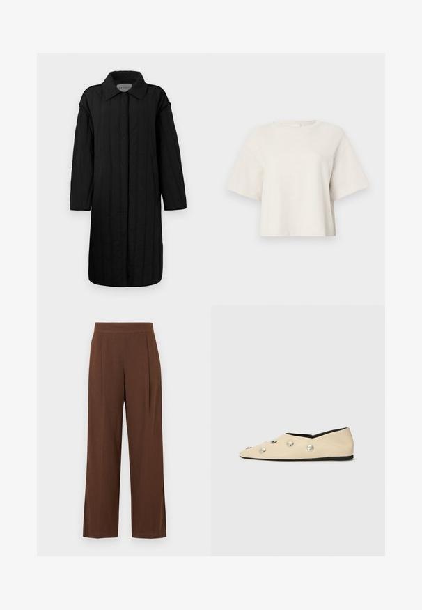 CLOSED QUILTED COAT - Casaco de inverno - black; T-shirt cropped de cor creme, feita de tecido canelado, com decote redondo e mangas curtas, apresentando um ajuste descontraído.; Calças castanhas de perna larga com textura suave, apresentando frente lisa e pregas. A cintura é elástica para maior conforto e ajuste.; CLOSED Sabrinas - ecru