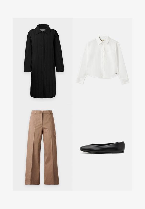 CLOSED QUILTED COAT - Zimski kaput - black; Bijela skraćena košulja dugih rukava napravljena od pamuka. Ima gumb za zatvaranje sprijeda, džep na prsima i mali crni logotip na donjem lijevom dijelu.; Smeđe hlače širokih nogavica od glatkog materijala, s prednjim zatvaračem na dugme, dvjema prednjim džepovima i čistim, oblikovanim linijama.; Paul Smith TOPANGA - Balerinke - black