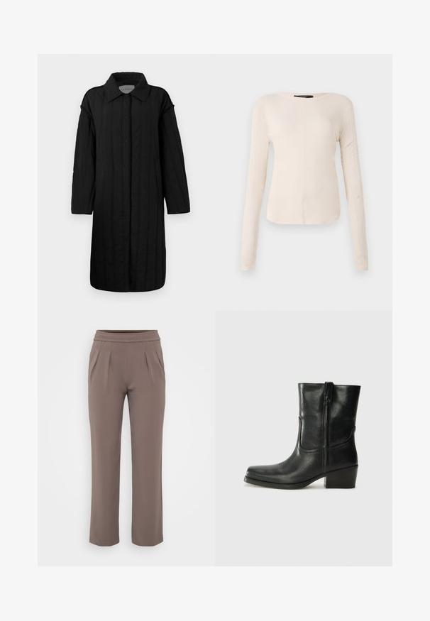CLOSED QUILTED COAT - Zimní kabát - black; Dlouhý rukáv, světle béžový top s kulatým výstřihem. Vyrobeno z jemné látky, má středový šev a mírně zaoblený lem. Bez viditelné kovové úpravy.; Taupe volné kalhoty s elastickým pasem a předními záhyby, vyrobené z hladkého materiálu.; Černá kožená kotníková bota s kulatou špičkou, blokovým podpatkem, bočním zipem a prošíváním na svršku. Hladký povrch, klasický design.