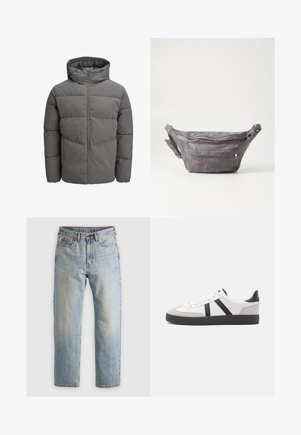 Šedá pufovaná bunda s kapucí, s plným zipem, prošívaným designem a hladkým, mírně lesklým povrchem.; Béžový pulovr s čtvrtzipem ze měkké pleteniny. Obsahuje ribbovaný límec a manžety, má uvolněný střih a bezšvový design.; Svetle modré džíny z denimu s vysokým pasem, předním knoflíkem, zipem a designem s pěti kapsami, ležící rovně na neutrálním pozadí.; Bílé tenisky s černými a šedými akcenty, opatřené texturovaným šedým prstovým krytem, černou gumovou podrážkou a plochými bílými tkaničkami. Čistý design, minimalistický styl.; Šedý semišový ledvinka s kulatým tvarem, dvěma zipovými přihrádkami a nastavitelným popruhem. Obsahuje kovové akcenty.
