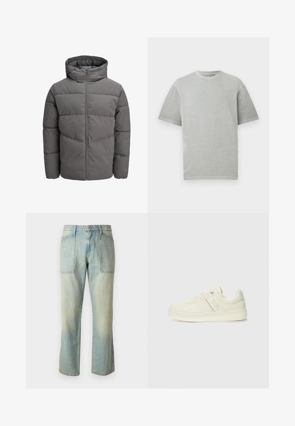Casaco puffer cinza com capuz, apresentando um fecho de correr de comprimento total, design acolchoado e uma textura lisa e ligeiramente brilhante.; T-shirt cinza claro com mangas curtas e decote redondo, exibido num fundo branco liso.; Jeans de ganga azul claro com corte reto, costura visível e dois grandes bolsos frontais. O tecido tem uma textura desbotada.; Sapatilha de cor creme com detalhes perfurados, atacadores e logotipo na lateral, apresentada contra um fundo branco liso.