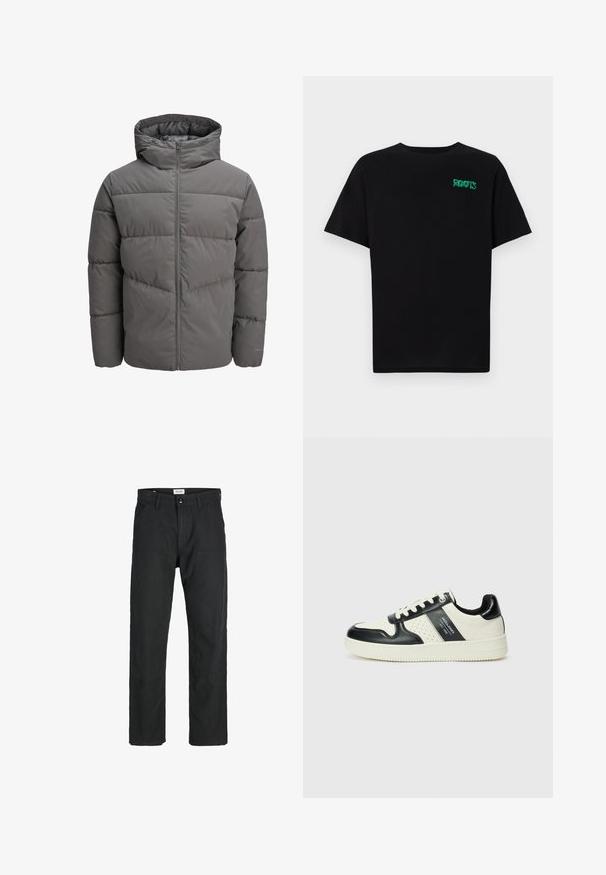 Šedá nafukovacia bunda s kapucňou, ktorá má zips po celej dĺžke, prešívaný dizajn a hladkú, mierne lesklú textúru.; Čierne tričko s krátkymi rukávmi vyrobené z bavlny. Na prednej strane má zelené logo "ROOTS", okrúhly výstrih a štandardný strih.; Čierne nohavice vyrobené z odolného materiálu, s rovnými nohavicami, prešitými detailmi a dvoma prednými vreckami pre väčšiu funkčnosť.; Kožené tenisky v čierno-krémovej farbe, s perforovanými akcentmi, polstrovaným golierom a štruktúrovanou podrážkou.