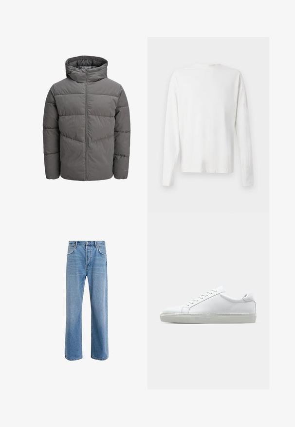 Sivi pufast kaput s kapuljačom, s punim zatvaračem, kviltanim dizajnom i glatkom, blago sjajnom teksturom.; Bijela pamučna košulja dugih rukava s okruglim izrezom, bočnim prorezima pri dnu i glatkom teksturom, prikazana s leđa.; Svijetloplave traperice s ravnim nogavicama, pet džepova, zatvaranjem na gumb, minimalnim izbljeđivanjem i kontrastnim šavovima.; Bijela tenisica s glatkim kožnim gornjim dijelom i niskim profilom. Ima zaobljen vrh, šest rupica za vezanje i teksturiranu gumenu podlogu.