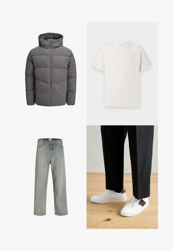 Graue Steppjacke mit Kapuze, ausgestattet mit einem durchgehenden Reißverschluss, gestepptem Design und einer glatten, leicht glänzenden Oberfläche.; Weißes T-Shirt mit kurzen Ärmeln in gerippter Textur. Runder Ausschnitt, lockere Passform, keine sichtbaren Muster oder Akzente. Einfaches und vielseitiges Design.; Hellgraue, locker sitzende Jeans aus Denim. Verfügt über ein klassisches Fünf-Taschen-Design, Gürtelschlaufen und eine gerade Bein-Silhouette.; Weiße Sneakers mit glatter Textur, versehen mit braunen Lederakzenten und schwarzen Details, kombiniert mit schwarzen maßgeschneiderten Hosen. Hintergrund aus Holzboden.