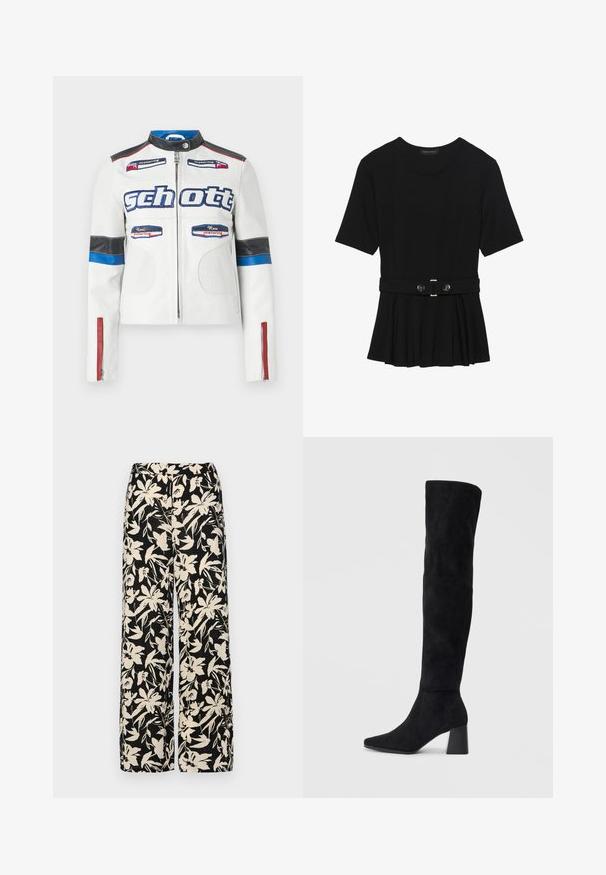 Jachetă de motocicletă din piele albă, cu secțiuni perforate, accente albastre și negre, dungi roșii pe mâneci și logo-uri brodate.; Top negru cu mâneci scurte, realizat dintr-un material neted, cu un design peplum și o talie beltată cu două butoane rotunde de culoare argintie.; Pantaloni negri cu croi larg, decorati cu un model floral crem. Fabricati dintr-un material usor, avand o textura neteda si un talie inalta.; Cizme negre din suede, cu toc bloc, vârf ascuțit și un design neted, fără cusături, pe un fundal deschis.