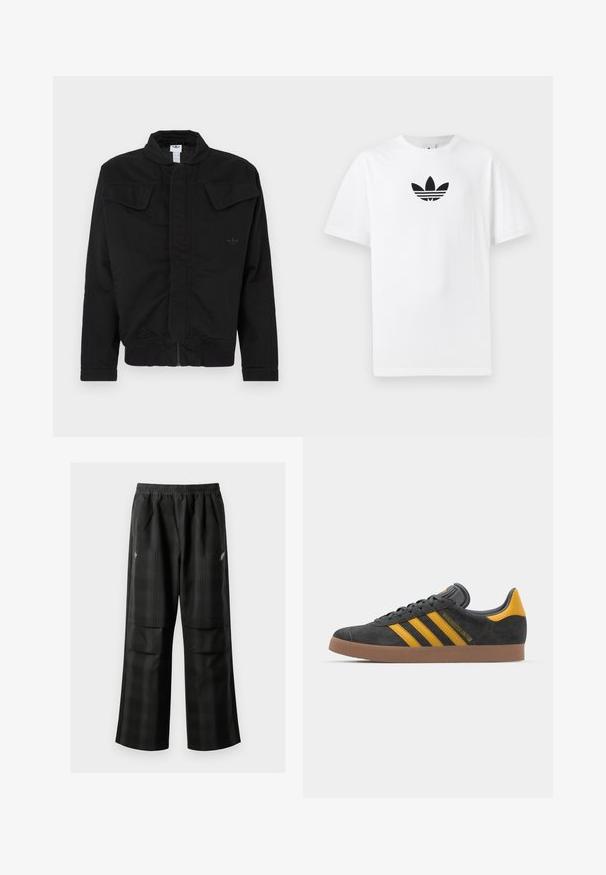 Čierna bunda z odolnej tkaniny, s vysokým golierom, dvoma prednými vreckami s klopami, rebrovanými manžetami a jemným logom značky na hrudi.; Biely bavlnený tričko s čiernym logom Adidas v strede. Krátke rukávy a okrúhly výstrih. Hladká textúra.; Čierne kockované nohavice s elastickým pásom, dvoma prednými vreckami a voľným strihom so rovnými nohavicami. Vyrobené z ľahkého materiálu.; Čierne semišové tenisky so žltými akcentmi, ktoré majú tri pruhy a hnedú gumovú podrážku. Obsahujú vypolstrovaný jazyk pre pohodlie.