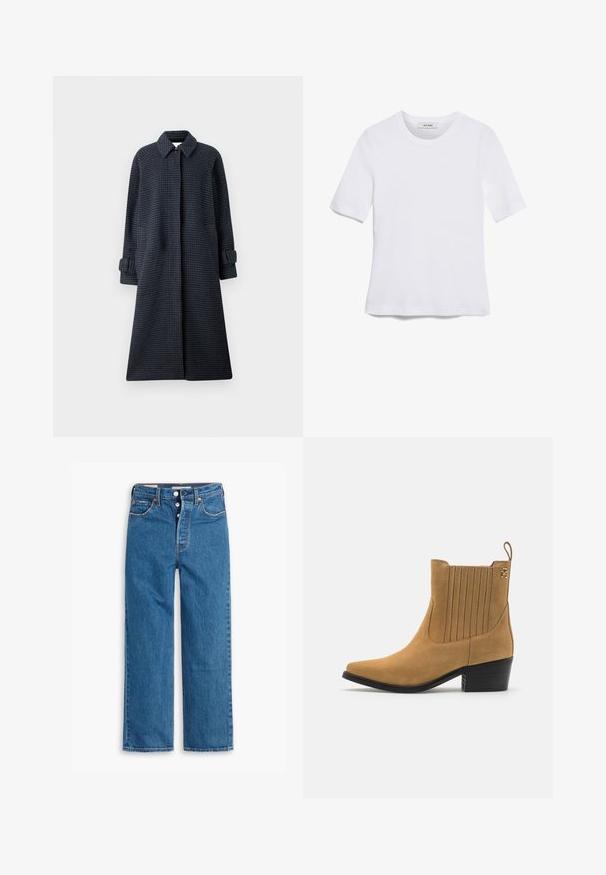 Samsøe Samsøe ALMA COAT - Abrigo clásico - blue; Camiseta de manga corta blanca hecha de tela de canalé. Cuello redondo, corte regular y detalles de costura sutiles. Sin patrones ni gráficos.; Vaqueros de mezclilla azul de pierna recta con una cintura alta, diseño de cinco bolsillos y cierre de botones. Costuras visibles y remaches de tono cobrizo.; Botín de ante en color marrón claro con puntera afilada, paneles laterales acanalados y tacón ancho negro. Cuenta con una lengüeta para facilitar su puesta.