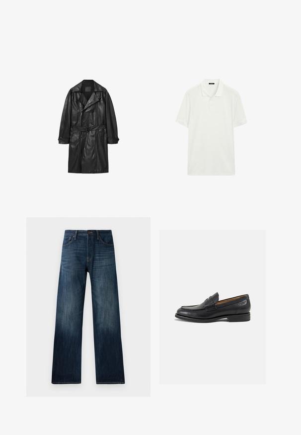 Černý kožený trench coat s dvouřadým zapínáním, širokými klopami, páskem v pase a knoflíkovými manžetami. Hladká textura, do délky kolen.; Bílá polo košile vyrobená z polo látky, s límečkem, krátkými rukávy a přímým střihem se zapínáním na tři knoflíky.; Tmavě modré džíny s rovnými nohavicemi, mají lehkou texturu, poutka na pás a klasický pětipocket design.; Černé kožené mokasíny s hladkým povrchem, zaoblenou špičkou a dekorativním prošíváním na svršku. Nízký podpatka a mírný lesk.