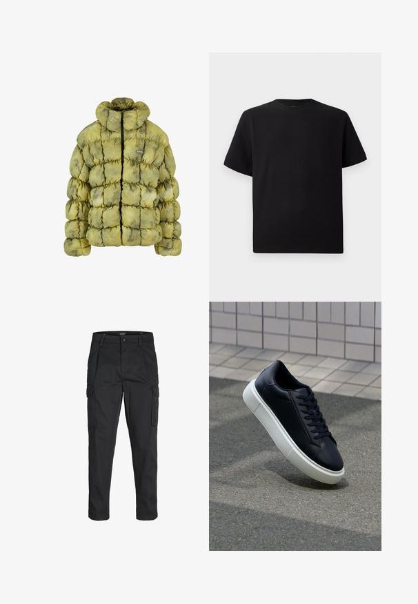 Pehmea rohelise tooni täidisega jakk, millel on tikandiga muster, kõrge krae, eesmine lukukinnitus ja väike logo märk. Materjalid näivad olevat pehmed ja tekstuurikad.; Must have lühikeste varrukatega must T-särk, mis on valmistatud tekstuursetest materjalidest, ümmarguse kaelusega ja lõdva lõikega. Lihtne, ilma mustrite või aktsentideta.; Mustad mustapõlvik, mis on valmistatud tugeva koe kasutades, sisaldab mitmeid taskuid, nupule kinnitatav sulgemine ja kitsenev disain.; Mustast nahast tennisetoss, millel on ümar nina ja valge kummist tall. Omab siredaid paelu ja minimaalset õmblemist ülemises osas. Tekstuuriga tald, mis tagab haakuvuse.