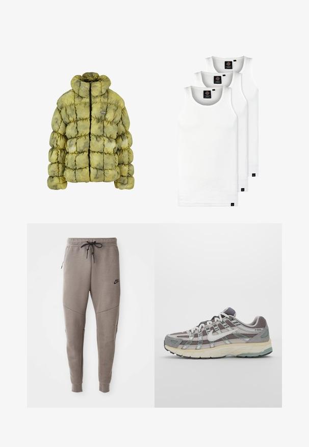Padded jacket w stonowanych zielonym kolorze z pikowaną fakturą, wysokim kołnierzem, zamkiem błyskawicznym z przodu i małą łatką z logo. Materiały wydają się miękkie i teksturowane.; Trzy białe prążkowane koszulki na ramiączkach wykonane z bawełny. Posiadają okrągły dekolt i małe czarne metki blisko dolnego brzegu. Dostępne w różnych rozmiarach.; Szare dresy Nike z elastycznym pasem ze sznurkowym zapięciem, zwężanymi nogawkami, bocznymi kieszeniami i wyraźnymi detalami szwów. Miękka, teksturowana tkanina.; Szare buty sportowe z siateczkowym i zamszowym wierzchem, białymi akcentami, amortyzowaną podeszwą oraz charakterystycznym designem z elementami odblaskowymi.