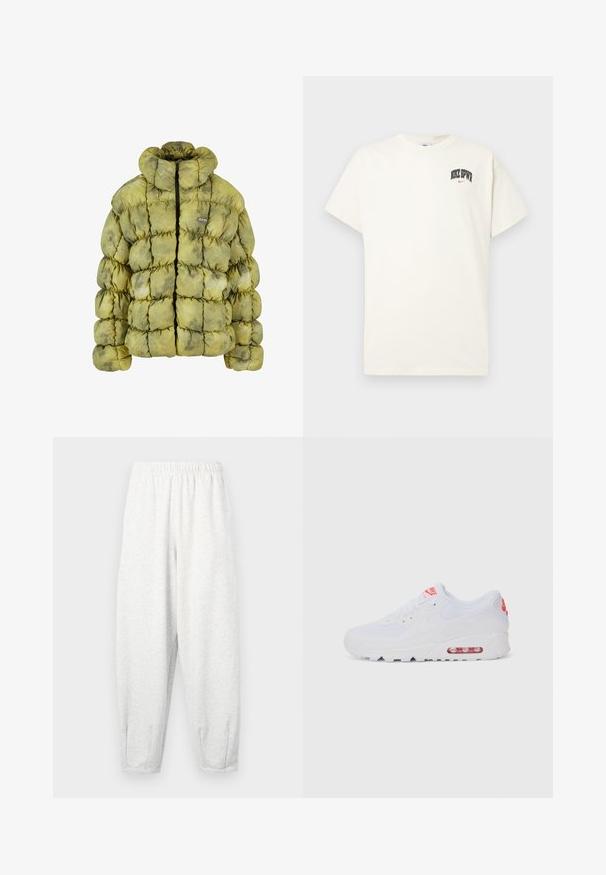 Pehmea rohelise tooni täidisega jakk, millel on tikandiga muster, kõrge krae, eesmine lukukinnitus ja väike logo märk. Materjalid näivad olevat pehmed ja tekstuurikad.; Kreemivalge puuvillane t-särk lühikeste varrukatega, millel on rinnal musta ja punase tekstiga "NIKE SB". Tavaline ümmargune kaelus.; Heledad hallidega valmistatud helehallid spordipüksid, millel on elastne vöökoht, kitsenevad sääred ja pahkluupuhvri. Lihtne disain ilma mustriteta.; Valged spordijalatsid, millel on sile pealis, seotud lipsud, pehmendusega tallad ja nähtav õhükamber, mille brändimisel on punased aktsendid.