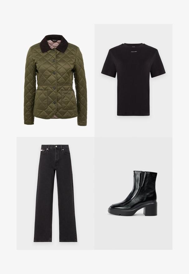 Olive green quilted jacket with a corduroy collar, snap buttons, and two front pockets. Subtle branding on the lower pocket area.; Black cotton t-shirt with short sleeves, crew neck, and small white "Calvin Klein" logo at the chest. Smooth texture, classic fit.; Black wide-leg jeans made of denim, featuring a high-rise waist, five-pocket styling, and a metal button closure with contrasting stitching.; Black patent leather ankle boots with a curved toe, elastic side panels, and a chunky block heel. Features embossed logo on the back.