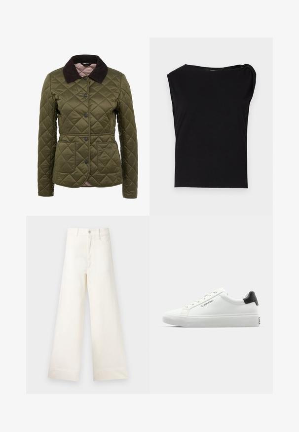 Casaco acolchoado verde-azeitona com colarinho de algodão, botões de pressão e dois bolsos frontais. Branding subtil na área inferior do bolso.; Top preto de manga curta feito de tecido suave. Apresenta um decote redondo e detalhe drapeado no ombro. Design simples e ajustado.; Calças largas em algodão bege claro. Apresentam uma cintura alta, bolsos frontais e um corte reto. Acabamento de bainha limpo, sem padrões.; Sapatilha branca com acabamento liso, detalhe preto no calcanhar e design com atacadores. Apresenta a marca "Calvin Klein" na lateral. Estilo minimalista.