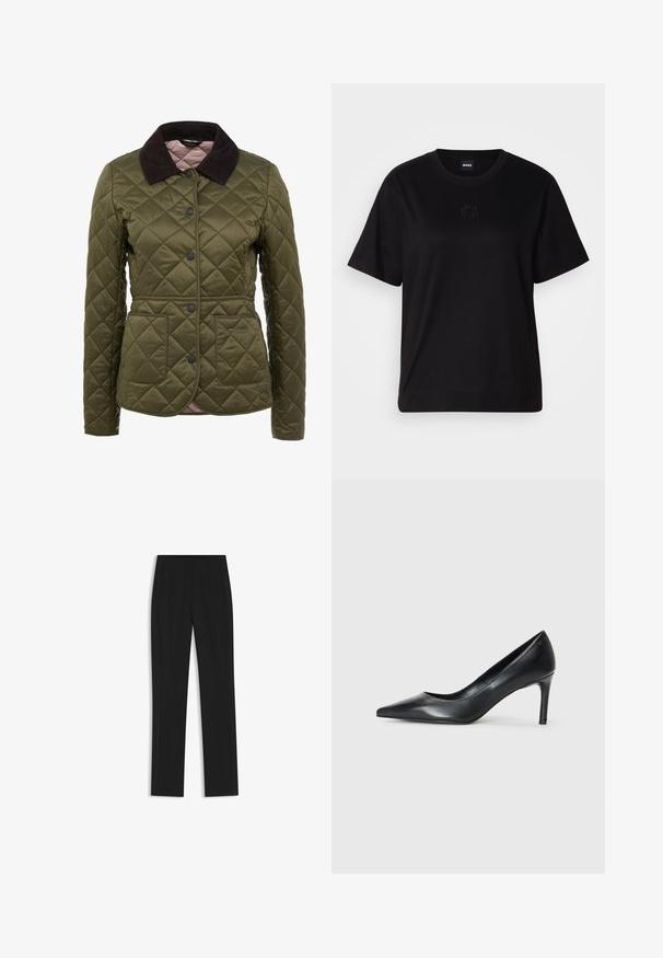 Olive green quilted jacket with a corduroy collar, snap buttons, and two front pockets. Subtle branding on the lower pocket area.; Black cotton t-shirt with a crew neckline, short sleeves, and an embroidered logo on the chest. Simple, relaxed fit with no patterns.; Black tailored trousers with a straight-leg design, featuring front pockets and a smooth, textured fabric. Neat, minimal detailing.; Black leather pointed-toe pump with a slim heel, smooth texture, and no visible embellishments. Clean design with a minimalist aesthetic.