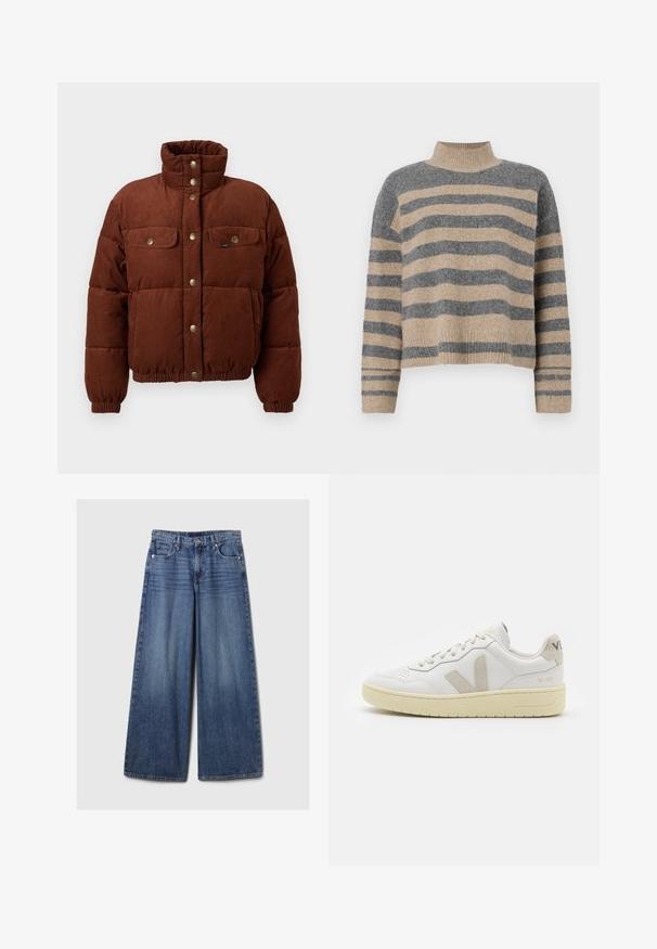 Jachetă puffer din corduroy maro cu un guler înalt, nasturi tip snap, două buzunare pe piept și manșete elastice pentru o potrivire confortabilă.; Pulover tricotat cu dungi, în culori gri și bej, guler înalt, mâneci late cu manșete și o croială lejeră cu un design scurt.; Blugi din denim albastru cu picioare largi, având un finisaj uzat, cu închidere prin buton și fermoar, cinci buzunare și curea.; Pantofii sport din piele albă cu accente din suede bej, cutie pentru degete perforată, șireturi plate și o talpă texturată de crem. Prezintă branding subtil pe călcâi.