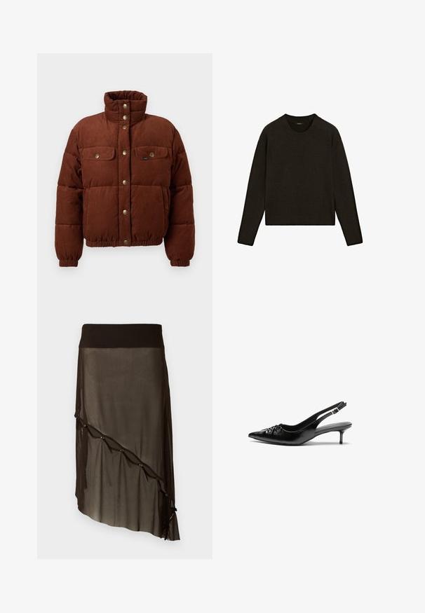 Hnědá sametová péřová bunda s vysokým límcem, patentkami, dvěma hrudními kapsami a elastickými manžetami pro těsné padnutí.; Tmavě hnědý pletený svetr s kulatým výstřihem, dlouhými rukávy a žebrovaným lemem. Měkká textura s uvolněným střihem, vhodný k vrstvení.; Černá síťovaná sukně s přiléhavým pasem, asymetrickým lemem, dekorativními knoflíky po přední straně a vrstvenou průhlednou texturou.; Černé kožené lodičky na slingback s špičatou špičkou, malým podpatkem typu kitten a ozdobným uzlem na přední straně. Hladký povrch po celém obvodu.