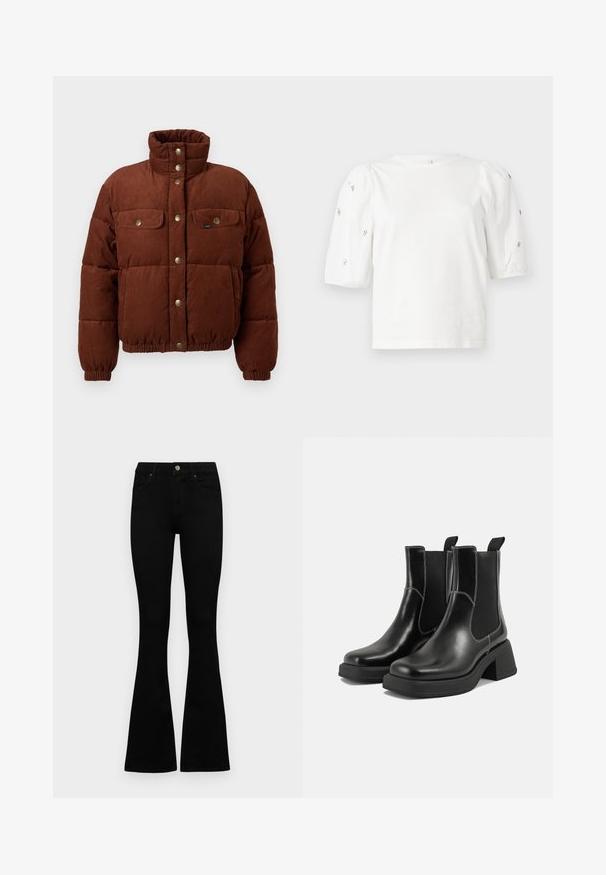 Casaco puffer em corduroy castanho com gola alta, botões de pressão, dois bolsos no peito e punhos elásticos para um ajuste apertado.; T-shirt branca de algodão com mangas puff curtas, apresentando pequenos embellissements prateados ao longo das mangas. Decote redondo clássico, corte descontraído.; Jeans pretos de cintura alta com fecho de botão e zíper, bolsos frontais e pernas largas dispostos em cima de um fundo branco.; Botas Chelsea em couro preto com um salto grosso, painéis laterais elásticos e costura branca em contraste. Acabamento texturizado.