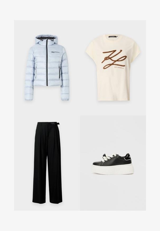 Lyseblå pufferjakke med hette, glidelås foran og to sidelommer. Har horisontal søm og en svart logo på brystet.; Kremfarget bomull T-skjorte med korte ermer, med en brun brodert logo og skriftdesign på fronten.; Svarte vide bukser med høy livlinje, folder foran og belte med spenne. Laget av glatt, lett materiale.; Svart lær sneaker med en tykk hvit ribbesol, som har hvite skolisser og en dekorativ sløyfeaccent på tungen.