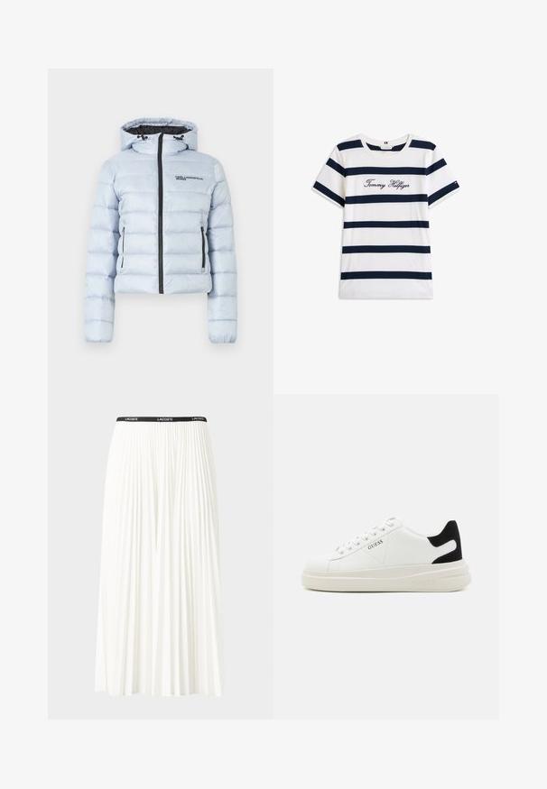 Lyseblå pufferjakke med hette, glidelås foran og to sidelommer. Har horisontal søm og en svart logo på brystet.; Koftet laget av bomull har horisontale marineblå striper på hvit bakgrunn. "Tommy Hilfiger" brodert i kursiv på brystet. Rund hals.; Plissert hvit skjørt med en svart elastisk midje som har "LACOSTE"-logoen. Midjelengde design med myk tekstur.; Hvite lær sneakers med tykk hvit såle, svart semsket hælforsterkning og preget logo på siden. Snøresystem med seks hull.