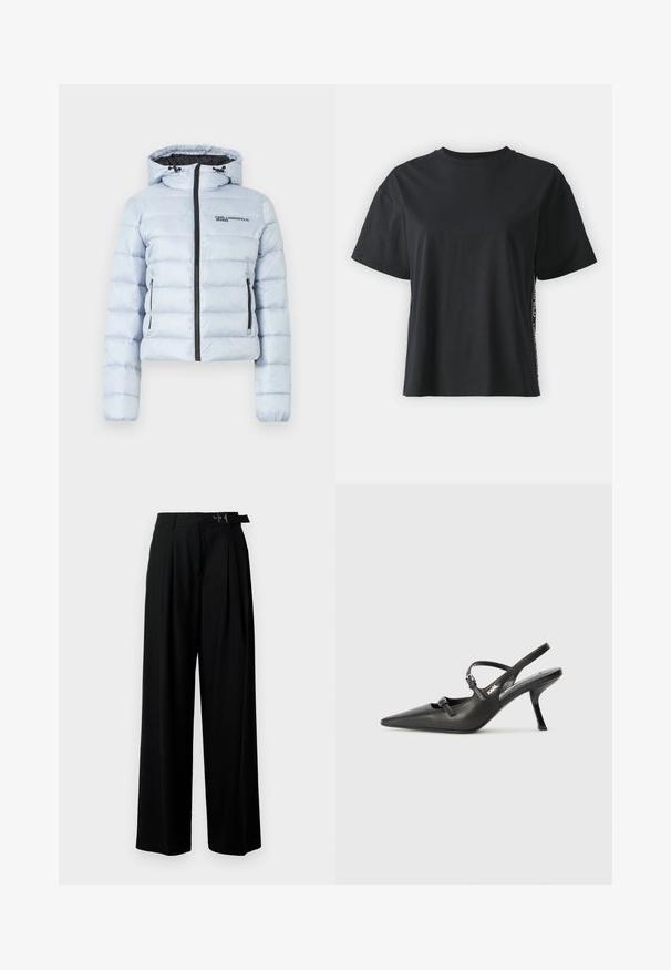 Jachetă puffer de culoare albastru deschis, cu glugă, fermoar frontal și două buzunare laterale. Are cusături orizontale și un logo negru pe piept.; Tricou din bumbac negru cu mânecă scurtă, cu o croială lejeră și un panou lateral contrastant, având text mic și detalii de design.; Pantaloni negri cu croi larg, talie înaltă, pliuri în față și un b μέρος cu cataramă. Confecționați dintr-un material neted și ușor.; Pantofi cu toc slingback din piele neagră, cu vârful ascuțit, toc subțire și detaliu decorativ cu cataramă pe partea din față. Textură netedă și design elegant.