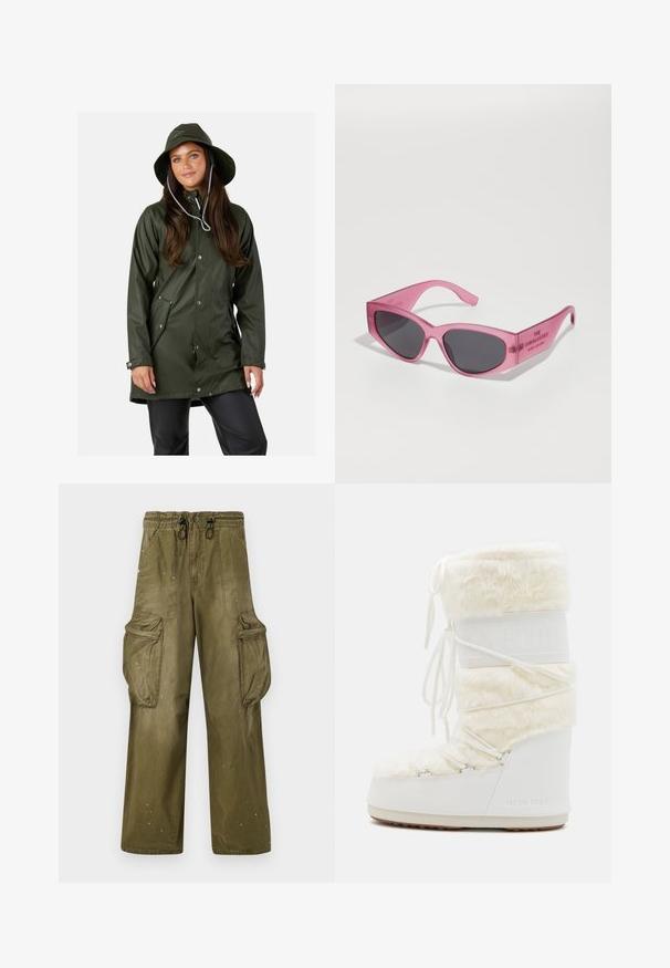 Swedemount VÄDERÖARNA oliwkowy; Różowa koszulka w panterkę z krótkimi rękawami, z okrągłym dekoltem i kontrastującymi różowymi mankietami, wykonana z miękkiego, elastycznego materiału.; Zielone spodnie cargo o luźnym kroju, elastycznym pasku, sznurku, dwóch bocznych kieszeniach i dwóch dużych kieszeniach cargo. Lekko przetarte.; Białe Moon Boot z futrzanym wierzchem, sznurowanym przodem i gumową podeszwą. Teksturowane wykończenie i wytłoczone logo z boku. Masywna, wyściełana konstrukcja.; Różowe, przezroczyste okulary przeciwsłoneczne w kątowej, kociej formie, z ciemnymi szkłami i wytłoczonym napisem na zausznicy "OKULARY PRZECIWSŁONECZNE."