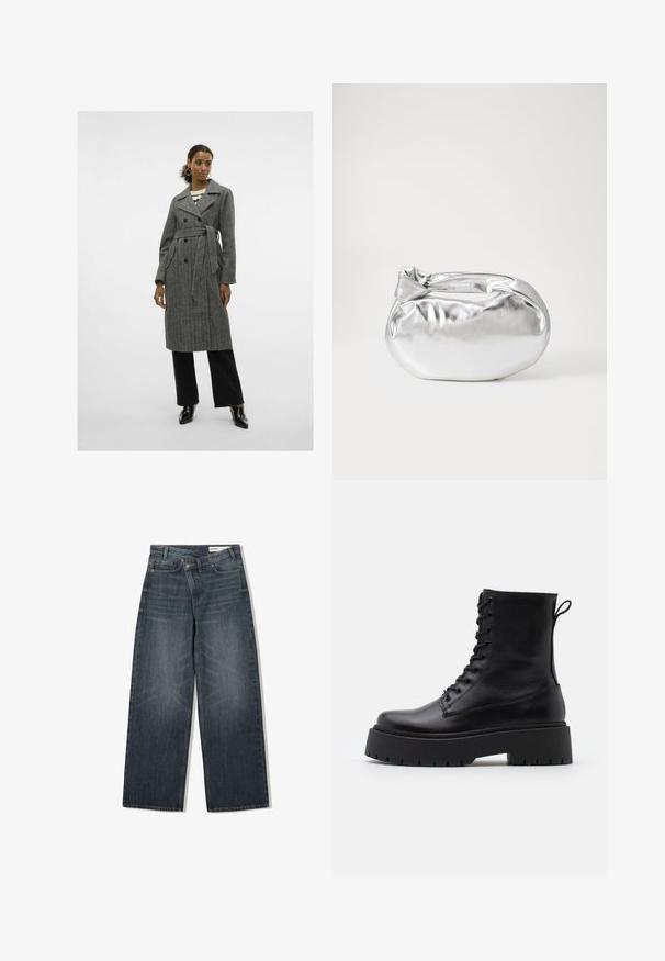 Šedý vlněný trench coat s dvouřadým zapínáním, opaskem v pase, vykrojeným límcem a bočními kapsami, kombinovaný s černými širokými kalhotami a obuví.; VILA VIPEARL O NECK - Svetr - black; Tmavě modré džíny s širokými nohavicemi, vysokým pasem, pěti kapsami a decentním omykáním vpředu.; Černé kožené kotníkové boty s kulatou špičkou, šněrováním na přední straně a silnou gumovou podešví s texturovaným vzorkem. S poutkem vzadu.; Stříbrná kovová taška s měkkým, zaobleným tvarem a uzávěrem s uzlem. Vyrobena z hladké umělé kůže.; Stříbrné kruhové náušnice s minimalistickým designem. Kruh, hladký povrch a tenký profil. Lehká konstrukce s lesklým povrchem.
