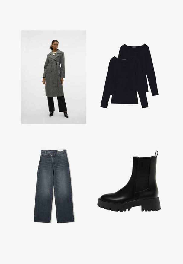 Šedý vlněný trench coat s dvouřadým zapínáním, opaskem v pase, vykrojeným límcem a bočními kapsami, kombinovaný s černými širokými kalhotami a obuví.; Dvě černé dlouhé rukávy trička z měkké ribované tkaniny s širokými kulatými výstřihy, v jednoduchém designu a hladké textuře.; Tmavě modré džíny s širokými nohavicemi, vysokým pasem, pěti kapsami a decentním omykáním vpředu.; Černé kožené kotníkové boty s texturovaným bočním panelem, kulatou špičkou a masivní podrážkou s klínovým vzorem.