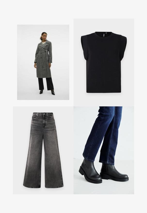 Pelēks vilnas trenčs ar dubultu aizdari, jostu viduklī, ar iedzimtu apkakli un sānu kabatām, apvienots ar melnām platām biksēm un apaviem.; Melnā kokvilnas īsā krekla, ar plašiem plecu akcentiem, apaļu kakla izgriezumu un īsām piedurknēm. Gluda tekstūra, minimālistisks dizains.; Plati melni denima džinsi ar izbalējušu apdari, piecu kabatu dizains un pogu aizdare jostas vietā, ar izšūtiem akcentiem.; Melnas ādas potīšu zābaki ar masīvu zoli un sānu elastīgām daļām, kombinēti ar tumši ziliem džinsiem. Zeme ir gaišā krāsā.