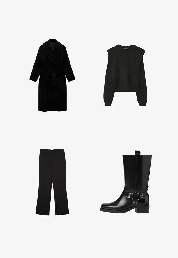 Crni vuneni kaput s ovratnikom urezanim u oblik, s pojasom u struku i srednjom dužinom. Ima duge rukave i glatku teksturu.; Crna pletena dugoslojna majica sa podloženim ramenima i rebrastim manžetama i rubom, prikazana na bijeloj pozadini.; Crne hlače ravnog kroja, s prednjim džepovima i bočnim prorezima na rubu. Izrađene od mekog i glatkog materijala. Pogodne za razne prigode.; Crne kožne čizmice do koljena s šiljastim prstima, sličnim srebrnim kopčama i debelim potplatima. Imaju rupicu za lakše oblačenje.