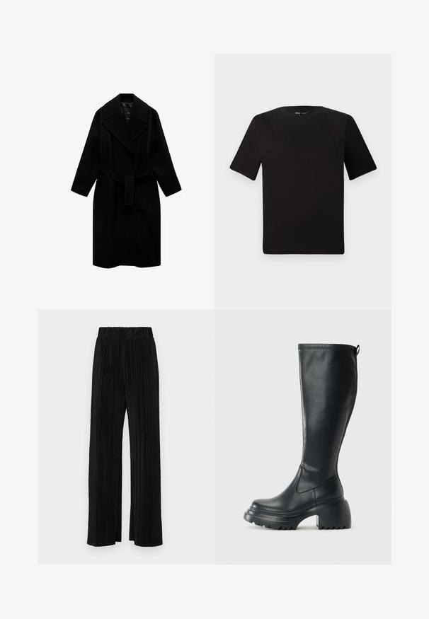 Svart ullrock med notched krage, bälte i midjan och medellång design. Har långa ärmar och en slät yta.; Svart kortärmad t-shirt med rund halsringning, tillverkad i mjukt bomullstyg. Enkelt mönster, utan synliga logotyper eller mönster.; Svarta plisserade byxor med resårmidja. Har vida ben och ett mjukt, texturerat material med vertikala ränder.; Höga svarta läderstövlar med kraftig plattformssula och blockklack, med dragflik och strukturerat mönster på yttersulan.