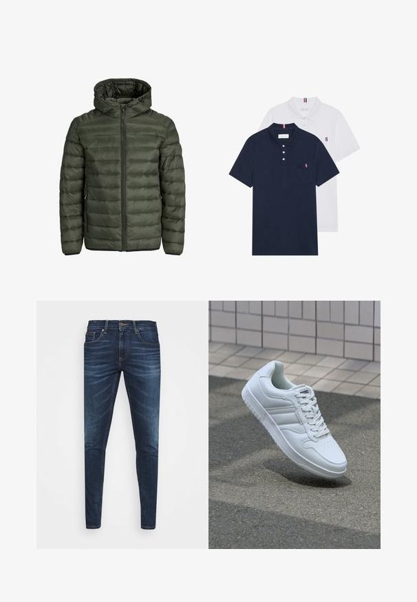 Veste rembourrée en vert olive, avec capuche, fermeture éclair intégrale et texture matelassée horizontale. Deux poches latérales. Ourlet et poignets noirs.; Deux polos : un bleu marine et un blanc, tous deux avec un petit accent rouge, blanc et bleu sur la poche poitrine et le col.; Jean en denim bleu foncé avec une coupe slim, décoloration subtile, cinq poches et une fermeture à bouton en métal. Accents cousus dans une couleur contrastante.; Baskets blanches de sport avec une tige en cuir lisse, un laçage à l'avant, une pointe perforée et une semelle à motifs. Design minimaliste avec trois bandes latérales.