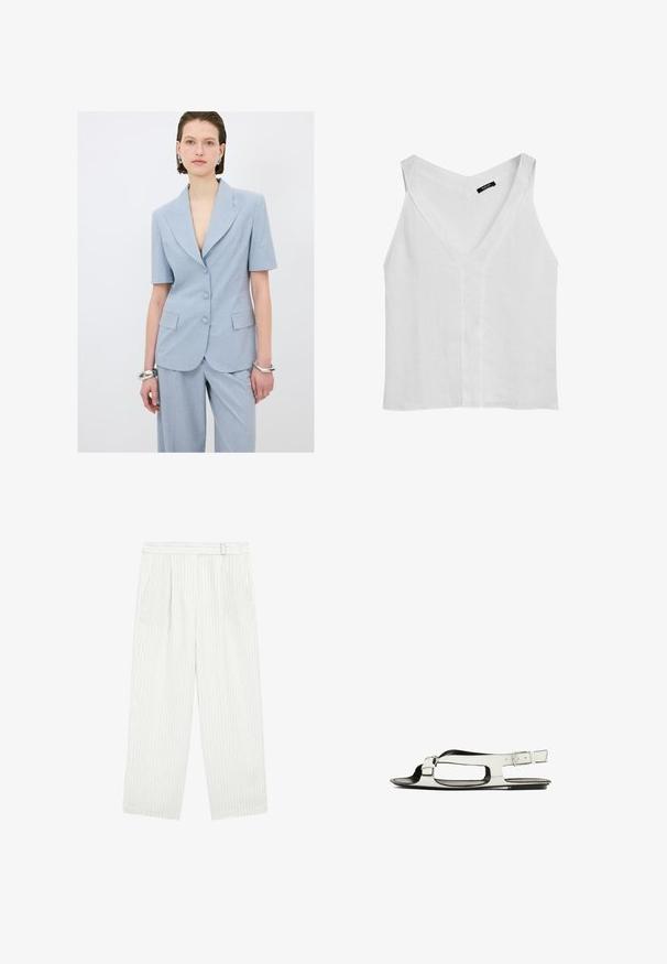 Jasnoniebieska dopasowana marynarka na krótki rękaw, z klapami i trzema guzikami. Noszona z pasującymi spodniami. Widoczna srebrna bransoleta na nadgarstku.; Massimo Dutti - Top; Białe spodnie o szerokich nogawkach z pionowymi paskami, z płaskim przodem, dwiema bocznymi kieszeniami i luźnym krojem. Miękki materiał, minimalne wykończenie.; Białe skórzane sandały z płaską podeszwą, otwartym palcem i bocznym paskiem z klamrą. Charakteryzują się wycięciami po bokach.