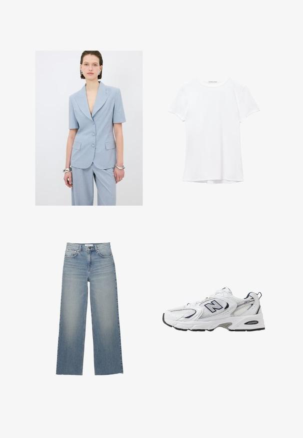 Jasnoniebieska dopasowana marynarka na krótki rękaw, z klapami i trzema guzikami. Noszona z pasującymi spodniami. Widoczna srebrna bransoleta na nadgarstku.; Biały krótki rękaw t-shirt wykonany z gładkiego materiału, z okrągłym dekoltem i subtelnymi detalami szycia na dole.; Jasnoniebieskie jeansy o szerokich nogawkach, wykonane z dżinsu, z wysokim stanem, kieszeniami z przodu i zapięciem na guzik. Gładka tekstura z wyblakłymi miejscami.; Białe sportowe buty z siateczkową cholewką, granatowymi akcentami i wyściełaną podeszwą. Posiadają logo "N", sznurówki oraz teksturowany detal po boku.