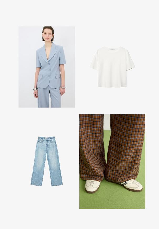 Vaaleansininen räätälöity bleiseri, jossa on lyhyet hihat, viiltoesiliina ja kolme nappia. Pukeutunut yhteensopiviin housuihin. Hopeinen rannekoru näkyvissä.; Valkoinen lyhythihainen T-paita, joka on tehty puuvillasta. Siinä on pyöreä kaula-aukko ja rento malli. Silkkinen pinta ilman näkyviä kuvioita tai koristeita.; Vaaleansiniset leveälahkeiset farkut korkealla vyötäröllä, joissa on haalistunut pesu ja pieniä, satunnaisia kulumisia ympäriinsä.; Ruskonsin ja sininen ruutukuvioinen leveälahkeinen housut yhdistettynä valkoisiin kenkiin, joissa on mustia yksityiskohtia ja tekstuuripohjat, vihreää taustaa vasten.