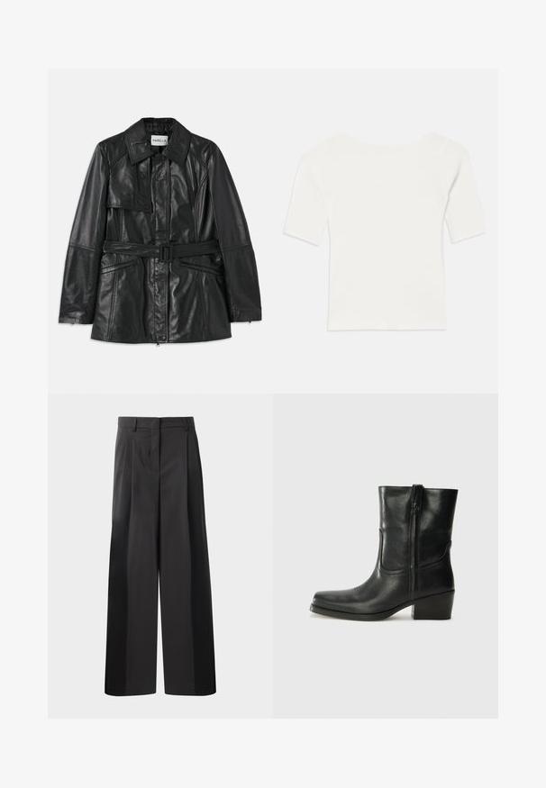 Must must nahk-jakk, millel on vöödega talje, suur krae, ees klapiga tasku ja tõmblukuga külgtaskud. Sile tekstuur, struktureeritud disain.; Valge sooniline lühikeste varrukatega topp laia kaelusega. Tekstuuril on vertikaalsed triibud, mis rõhutavad mugavat istuvust ja lihtsat disaini.; Mustad laiad püksid kõrge vöökohaga, millel on ees voldid, sile tekstuur ja õmmeldud viimistlus. Kujundatud lõdva istuvuse saavutamiseks.; Musta nahast pahkluu saabas ümarate varvastega, plokknäppu, külgsepa ja pealsetel õmblusest aktsentidega. Sile tekstuur, klassikaline disain.