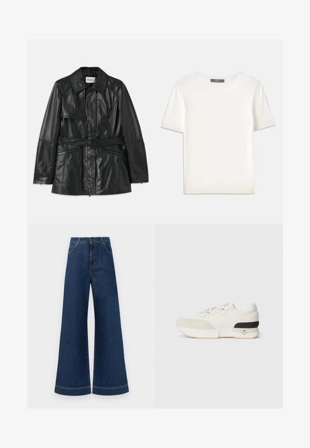 Must must nahk-jakk, millel on vöödega talje, suur krae, ees klapiga tasku ja tõmblukuga külgtaskud. Sile tekstuur, struktureeritud disain.; Valge lühikeste varrukatega soonikutega viimistletud ringkaelusega kampsun, millel on sile tekstuur.; Laia siniste denim pükste suur jalg, kõrge vöökoht, nupuga kinnitamine, vöökohad ja peened õmblusdetailid taskute ja äärte ääres.; Valged tennisajad, millel on tekstureeritud sametist varbakatteosa, siledast võrgust pealmine osa, dekoratiivsed nöörid ja musta kummist kontsa aksent.