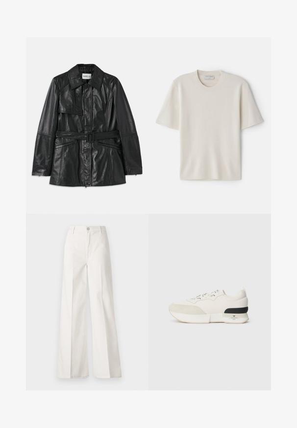 Casaco de couro preto com cintura cingida, grande gola, bolso frontal com aba e bolsos laterais com fecho éclair. Textura suave, design estruturado.; T-shirt curta de manga curta em creme, com decote redondo, feito de um material suave, com um corte reto e detalhes mínimos.; Calças largas brancas feitas de algodão com uma textura suave. Apresenta um botão frontal, fecho de correr e um design de quatro bolsos.; Sneaker branco com biqueira em camurça texturizada, parte superior em malha lisa, atacadores decorativos e um detalhe na parte de trás em borracha preta.