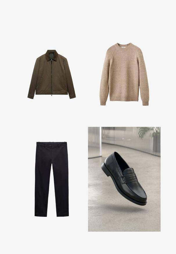 Olive green jacket with a smooth, matte texture. Features a zip closure, collar, and two front pockets. Simple, straight-cut design.; Beige knitted sweater with a crew neck, ribbed cuffs, and hem. Features a textured finish and raglan sleeves. Classic fit.; Black trousers made from lightweight fabric. Features straight legs, belt loops, a button closure, and pockets. Smooth texture without patterns.; Black leather loafer with smooth texture, pointed toe, and a decorative strap across the instep. Lightweight sole, minimal design.