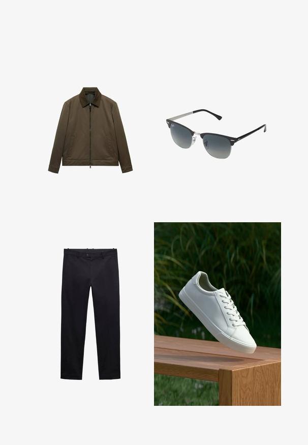 Olivno zelena jakna z gladko, mat teksturo. Ima zarezo za zapiranje, ovratnik in dva sprednja žepa. Preprost, ravno krojen dizajn.; Bež pulover iz pletene preje s krojnim ovratnikom, rebrastimi manžetami in robom. Ima teksturirano površino in raglan rokave. Klasičen kroj.; Črne hlače iz lahkega materiala. Imajo ravne hlačnice, zanke za pas, gumbno zapiranje in žepe. Gladko teksturo brez vzorcev.; Beli vezani športni čevlji, ki lebde nad leseno klopjo z zelenim rastlinjem v ozadju, prikazujejo obliko in teksturo čevlja.; Črne in srebrne sončna očala v obliki mačjih oči, z gradientnimi lečami in kovinskimi dodatki na okvirju. Plastične ročke s sivimi konicami.