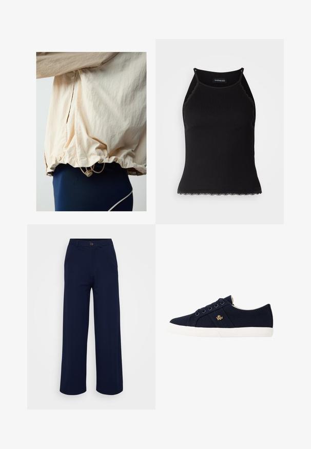 Hellbeige Jacke mit einer zerknitterten Textur, verstellbarem Kordelzugsaum, kombiniert mit eng anliegenden dunkelblauen Hosen mit kontrastierendem weißen Saum.; Schwarzes, geripptes Tanktop mit gewellten Spitzenabschluss am Saum. Mit dünnen Trägern und einer figurbetonten Passform. Hergestellt aus dehnbarem Material.; Even&Odd Petite Stoffhose - dark blue; Lauren Ralph Lauren JANSON II CANVAS SNEAKER - Sneaker low - navy
