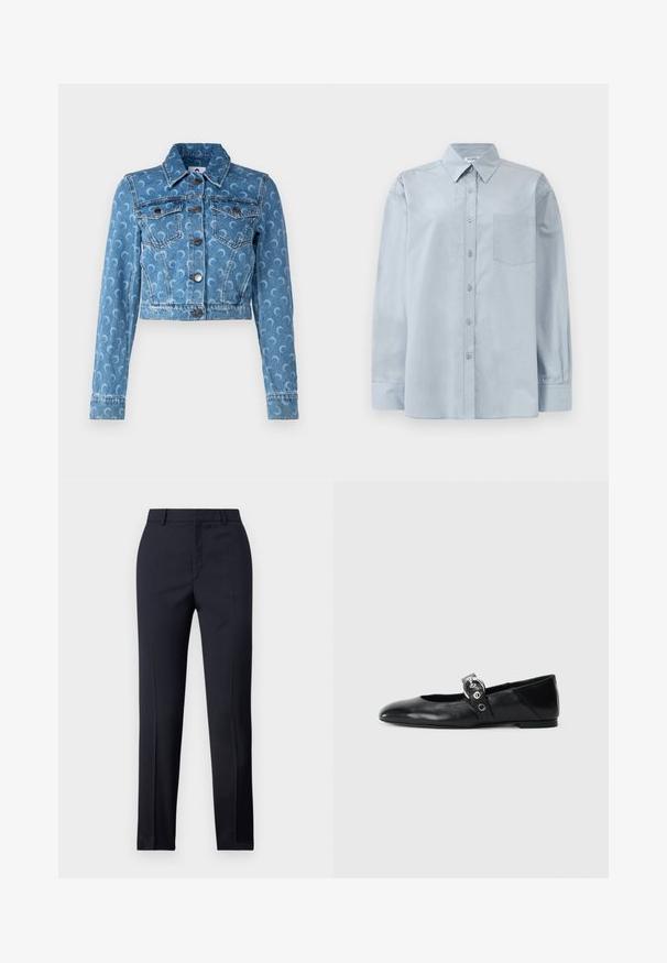 MARINE SERRE MOON LASER CROPPED JACKET - Casaco de ganga - light blue; Camisa azul claro de manga longa, com colarinho pontudo e bolso no peito, disposta em cima de um fundo branco.; Calças ajustadas em azul-marinho com corte reto, apresentando uma textura suave, dois bolsos frontais e um cós liso.; Sapatilhas de balé pretas em couro com bico pontiagudo, apresentando uma correia com uma fivela metálica circular e sola plana.