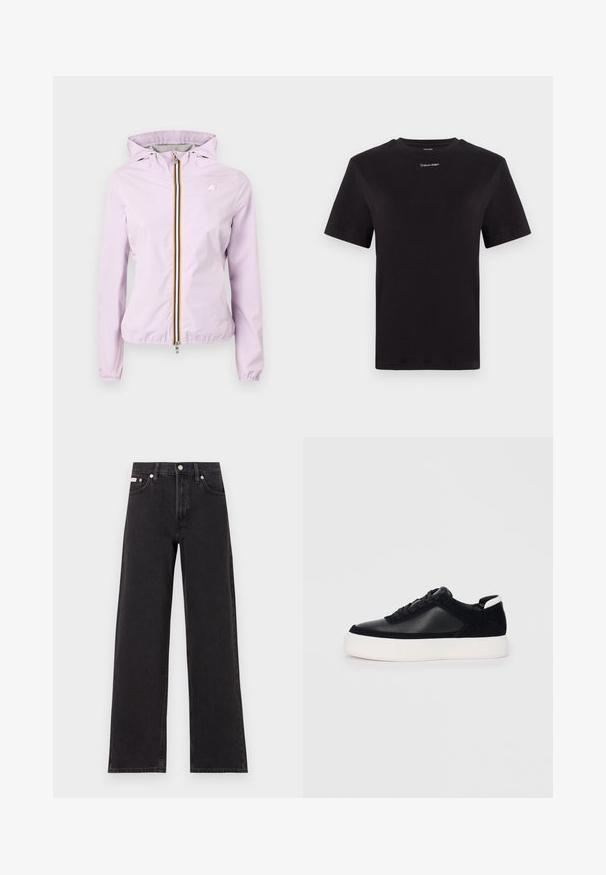 Svetlo vijoličasta jakna s kapuco in z zadrgo spredaj, ki ima črtasto zadrgo in elastične manšete, izdelana iz gladkega, lahkega materiala.; Črna bombažna majica s kratkimi rokavi, okroglim izrezom in majhnim belim logotipom "Calvin Klein" na prsih. Gladka tekstura, klasičen kroj.; Črne široke jeans hlače iz denima, s poudarjenim pasom, petimi žepi in kovinskim gumbom za zapiranje ter kontrastnim šivanjem.; Črne športne copate z gladko usnjeno in semišnimi paneli, ravnimi vezalkami, zaobljenim nosom in belim gumijastim podplatom. Oznaka na peti.